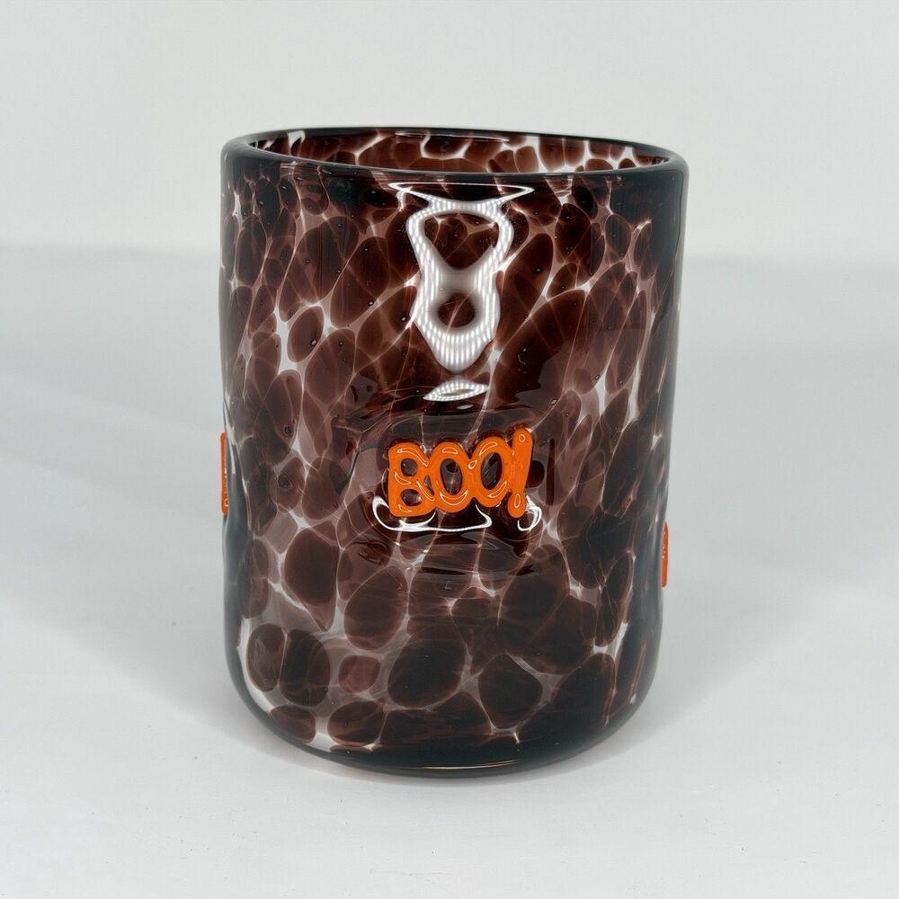Anthropologie Halloween Juice Glass Black Orange Boo Mystic Icon Tumbler 17oz